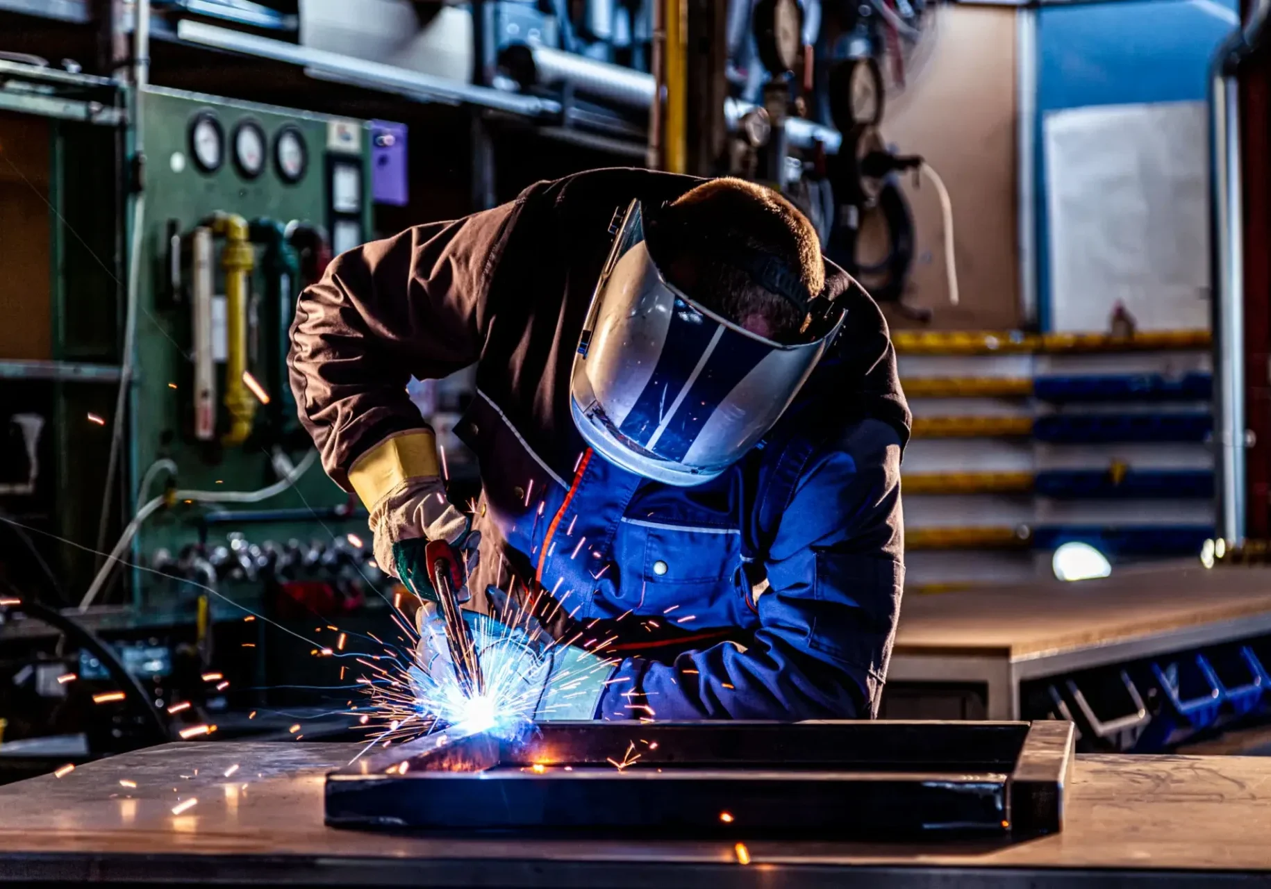 Welder working with bright sparks flying.